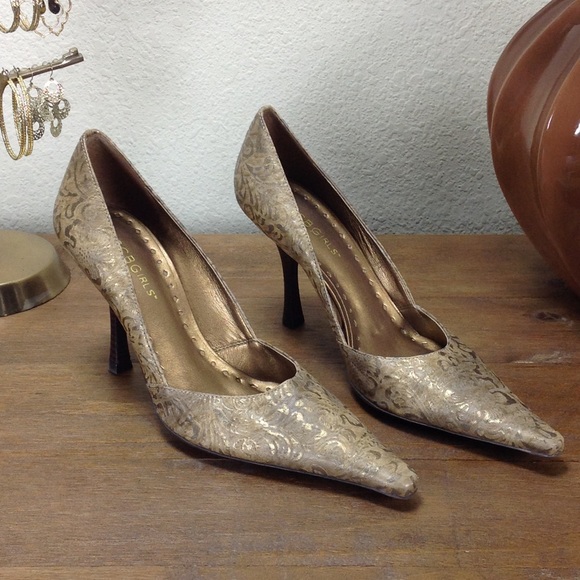 BCBGirls Shoes - BCBGirls Bronze Embossed Leather Pointed Heels